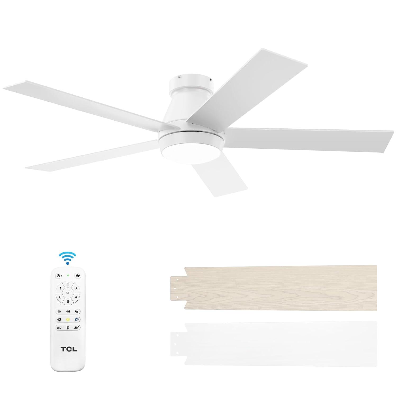 TCL 52" Modern Ceiling Fan with Lights, 5 Blades, 6 Speeds DC Reversible, Dimmable, White Flush Mount for Bedroom, Living Room and Garage