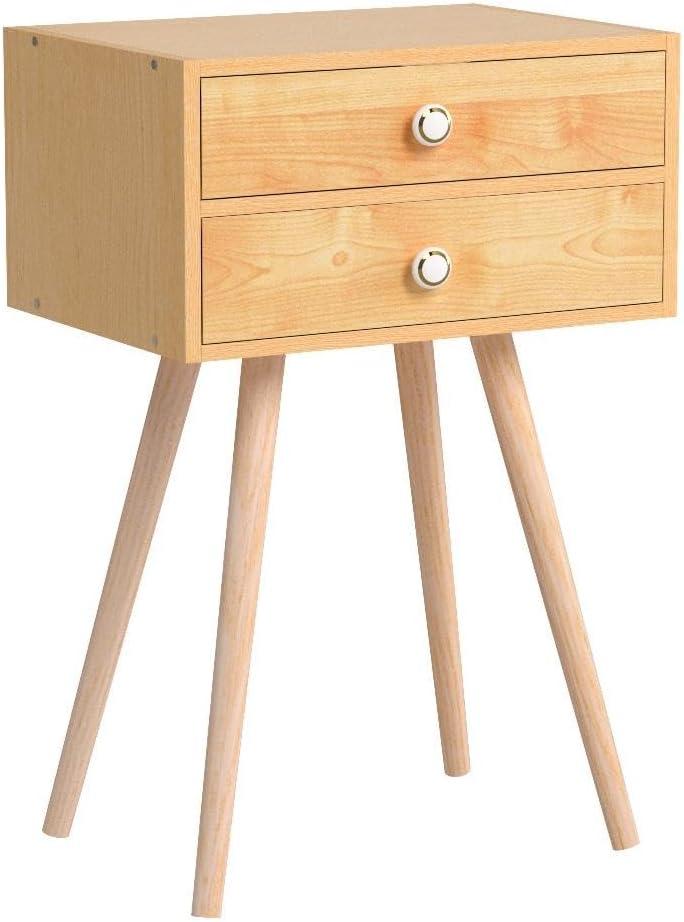 Mid Century Modern Natural 2-Drawer Nightstand with Solid Wood Legs