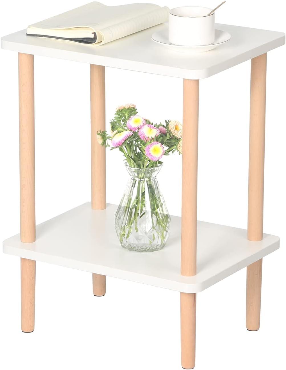 White and Beech Wood 2-Tier Rectangular Side Table