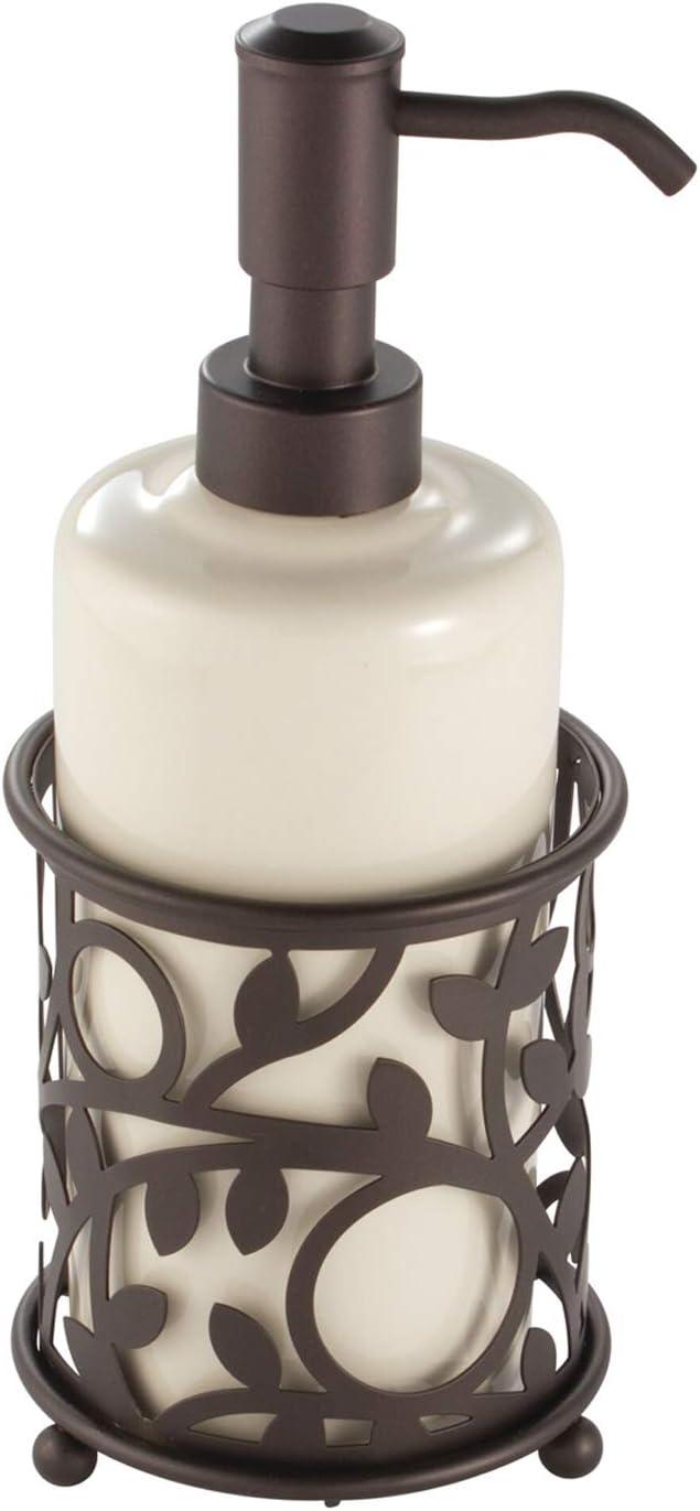 Vanilla and Bronze Ceramic Soap Dispenser with Vine Design