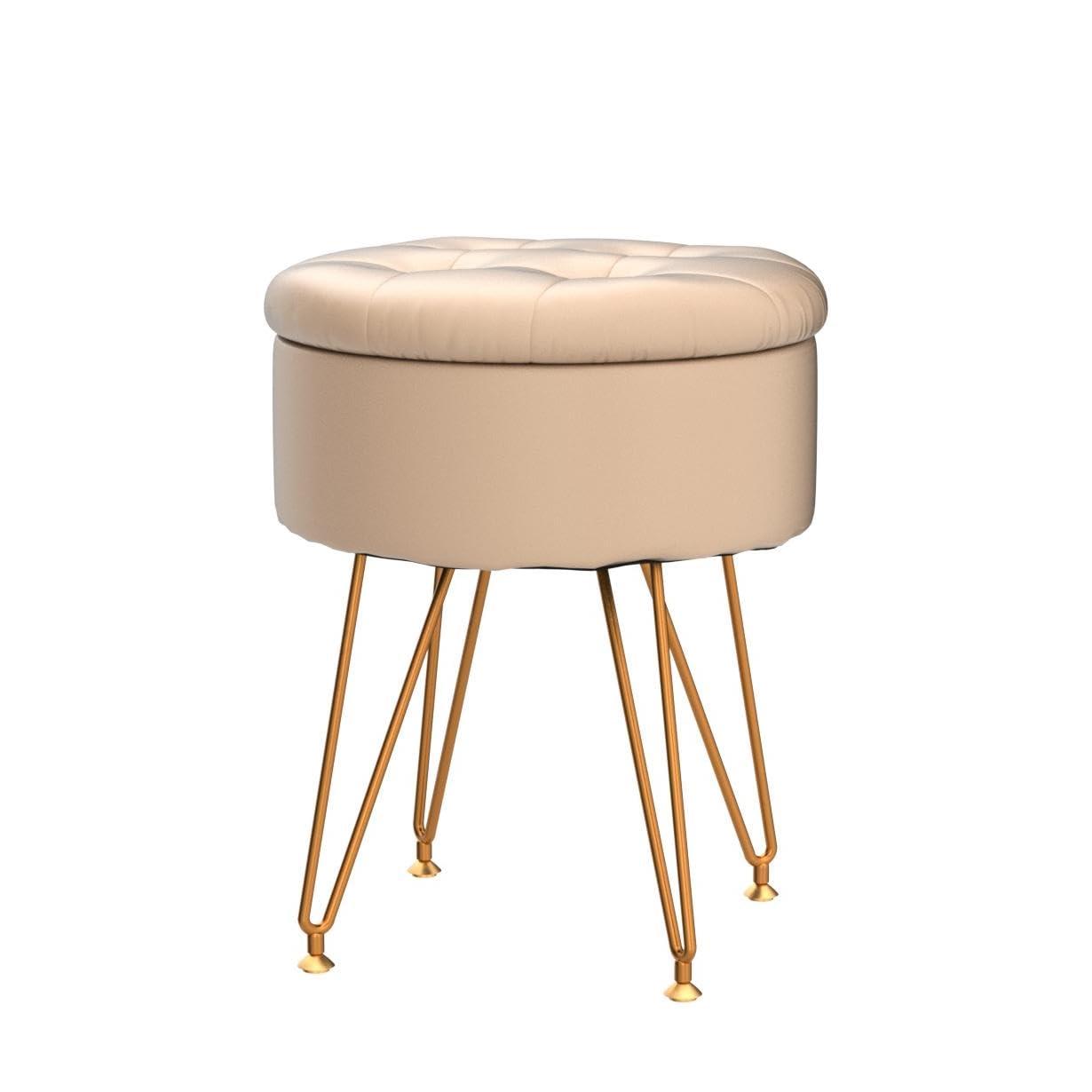 Cpintltr Storage Ottoman Oil Wax Faux Leather Round Footrest Stool Multifunctional Upholstered Ottoman with Metal Legs Modern Vanity Stools Tray Top Coffee Table for Living Room Bedroom White