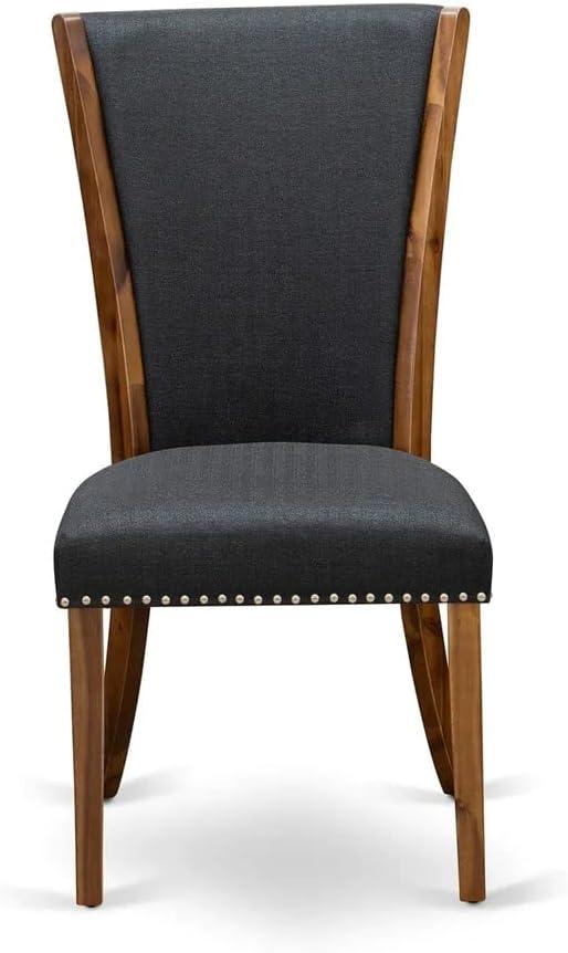 Verona Antique Walnut Wooden Frame Dining Chair with Black Linen Fabric Seat with Nail Head & Stylish Back - Set of 2