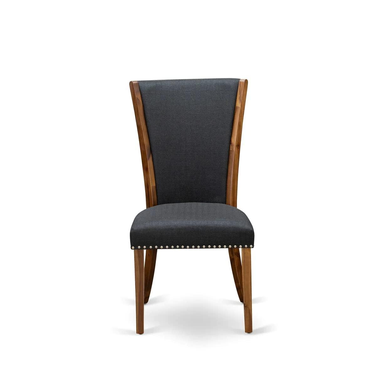 Verona Antique Walnut Wooden Frame Dining Chair with Black Linen Fabric Seat with Nail Head & Stylish Back - Set of 2