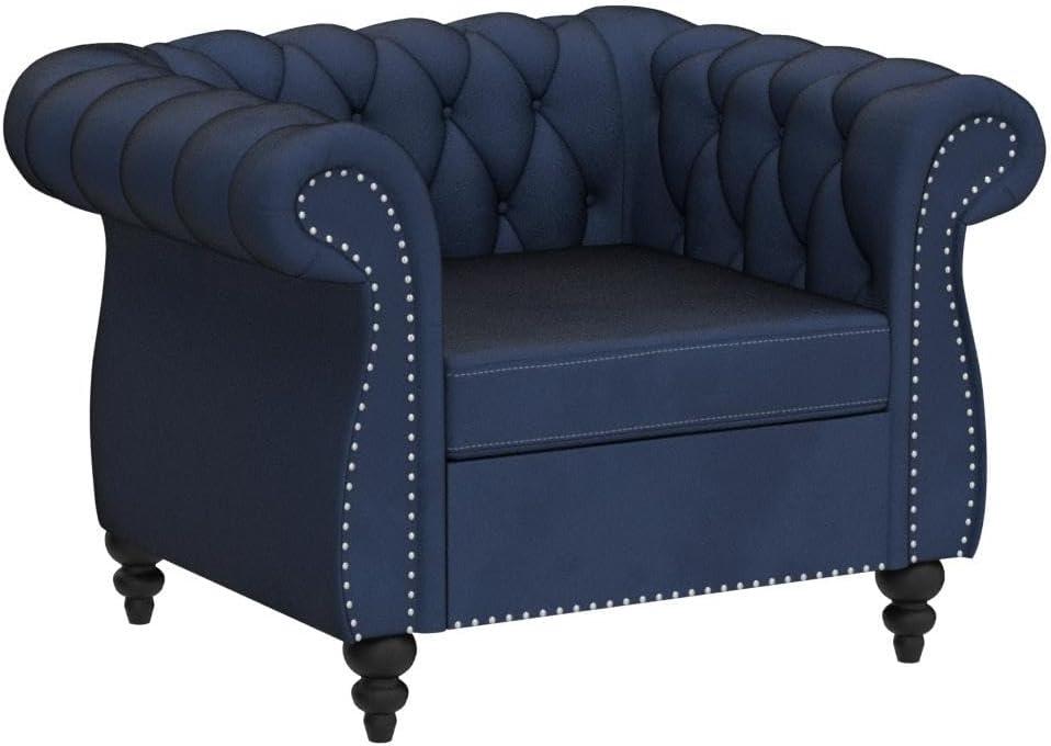 Blue Velvet Chesterfield Accent Chair with Wood Legs