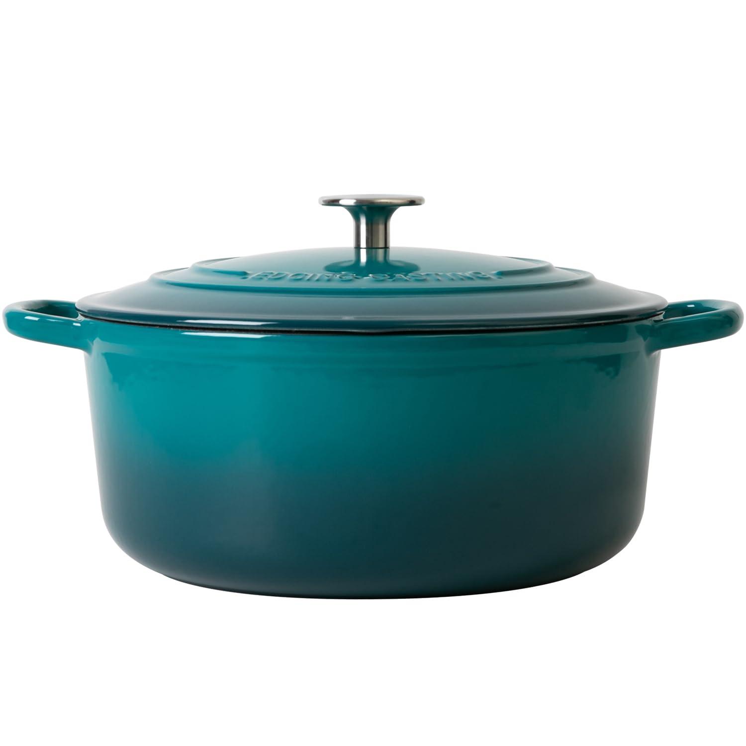 Enameled Cast Iron Dutch Oven Pot with Lid for Bread Baking, Cooking, Round Bread Oven Dual Handles, 7 Quart, Darkcyan
