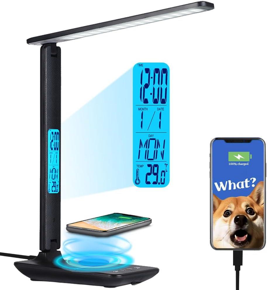 Black Multifunctional LED Desk Lamp with Wireless Charger and Clock