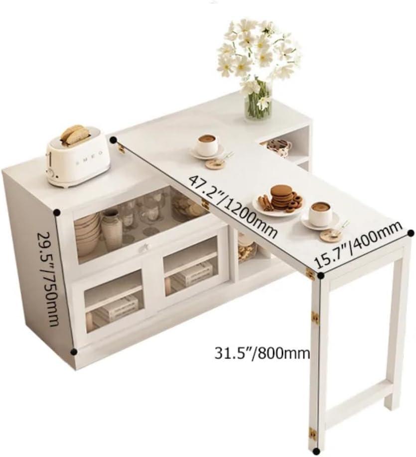 47" White Storage Sideboard Cabinet Extendable Wood Buffet Foldable Dining Table