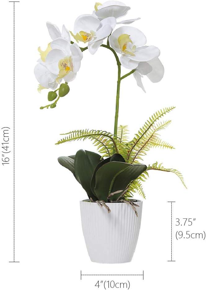 White Orchid Artificial Flower in Ribbed Plastic Pot, 16 Inch Tabletop Centerpiece