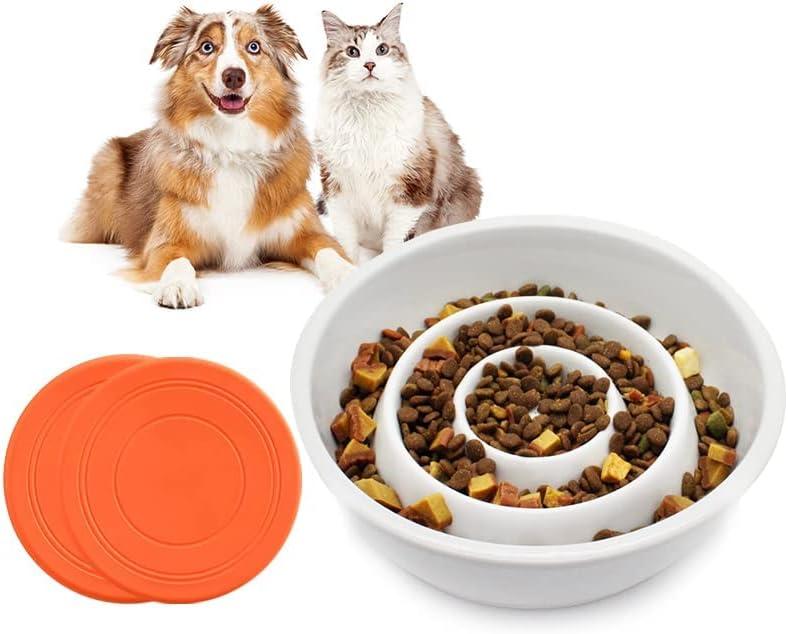 GH Ceramic Slow Feeder Dog Bowl, 3 Cups, 2 Pet Flying Discs Included - White