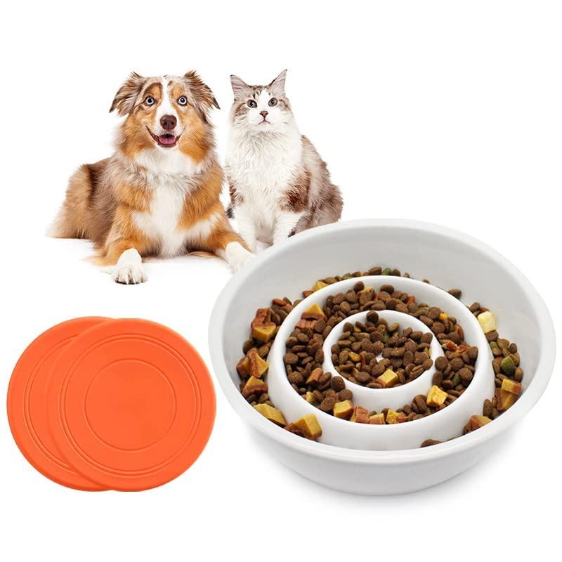 GH Ceramic Slow Feeder Dog Bowl, 3 Cups, 2 Pet Flying Discs Included - White