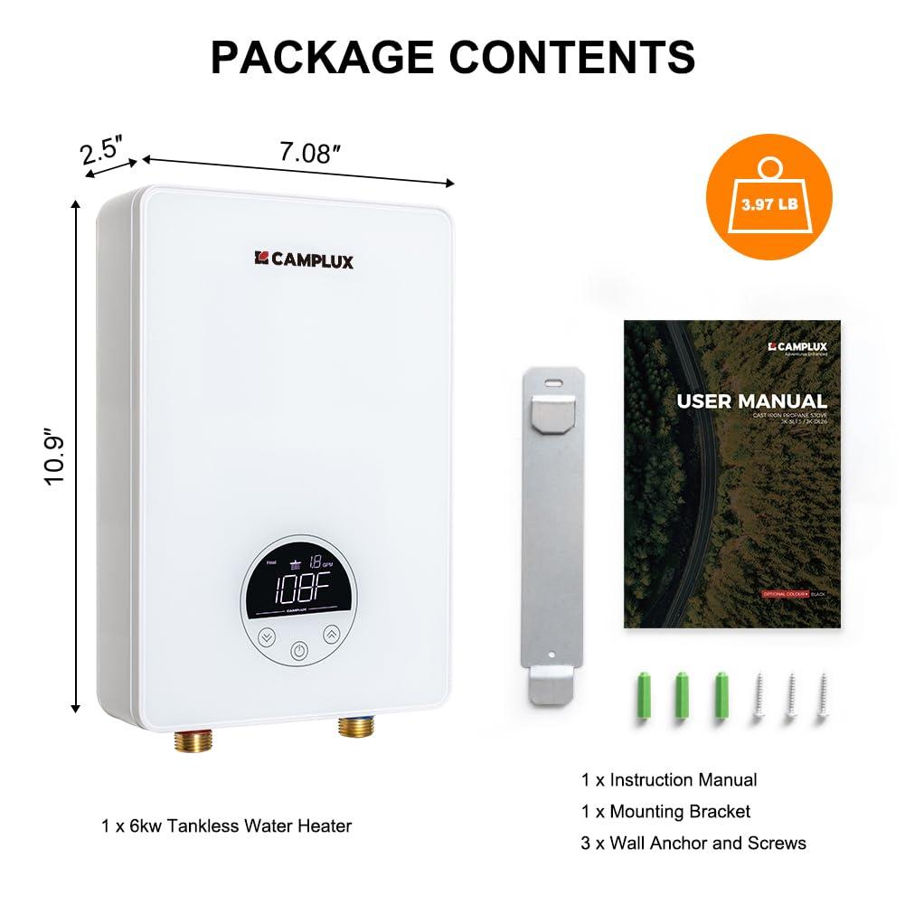 CAMPLUX 1.8 GPM Tankless Electric Water Heater, 6kW 240V, TE06Pro, White