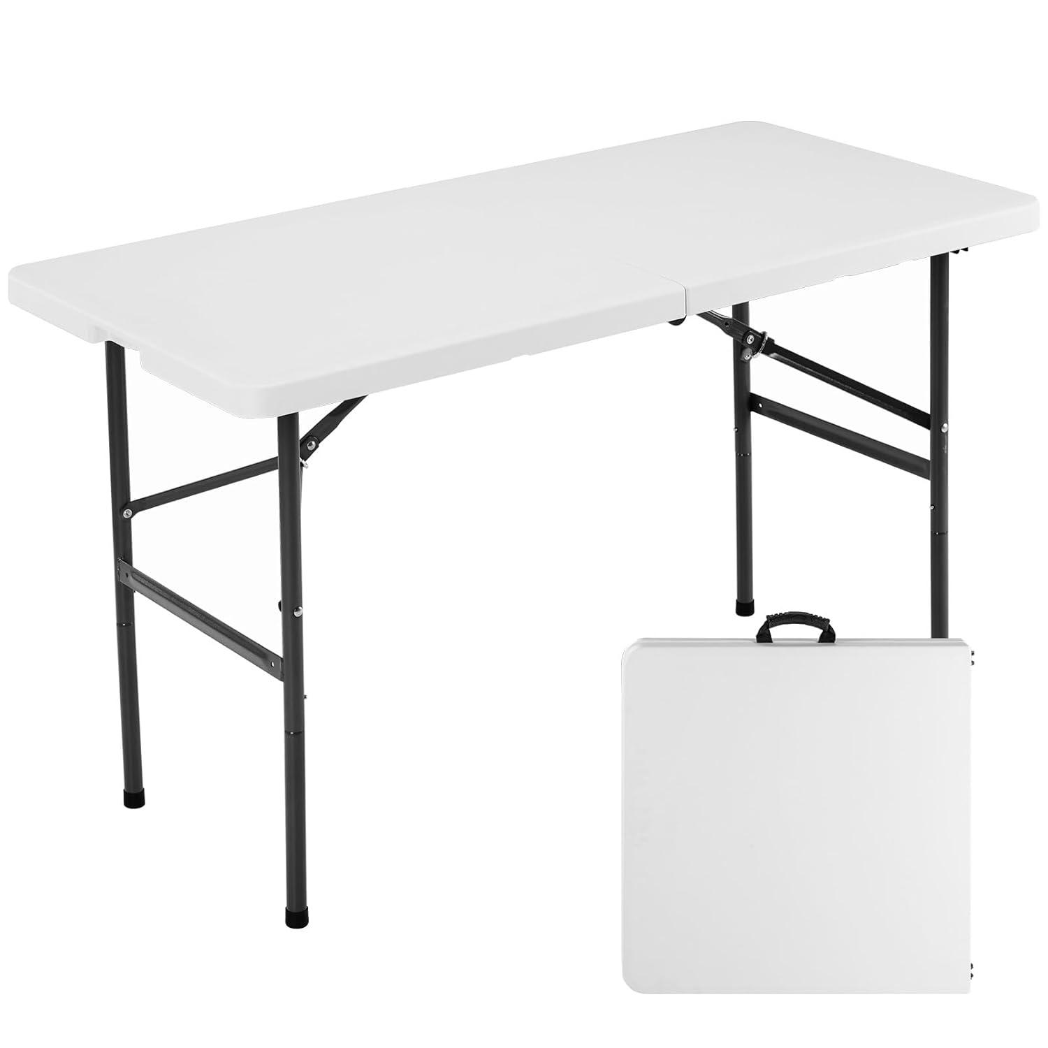 4 ft Portable Folding Table, Idustrial Heavy-Duty Foldable Table, HDPE Plastic Table, with Carrying Handle, Locks, Stright Legs for Indoor & Outdoor Party, Barbeque, Camping, Board Games - White