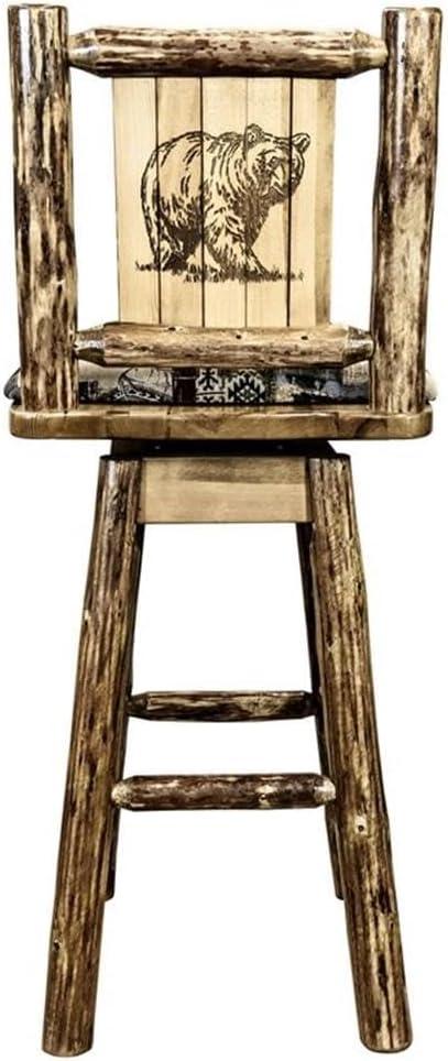 Glacier Country Collection Counter Height Barstool w/ Back & Swivel, Woodland Upholstery w/ Laser Engraved Bear Design