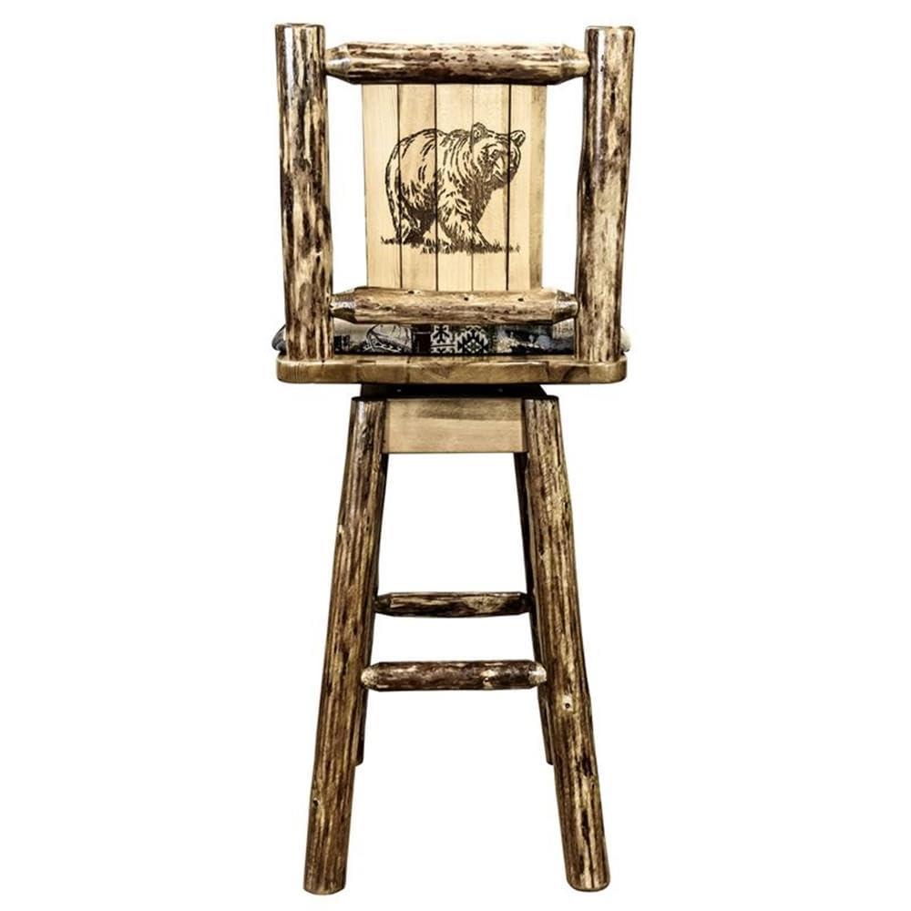 Glacier Country Collection Counter Height Barstool w/ Back & Swivel, Woodland Upholstery w/ Laser Engraved Bear Design
