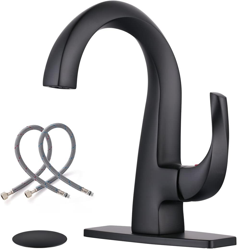 Matte Black Single-Handle Brass Bathroom Faucet with Drain Assembly