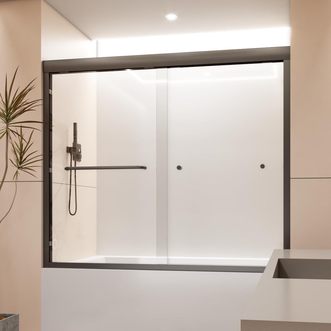 Matte Black Semi-Frameless Double Sliding Tub Door with Clear Glass