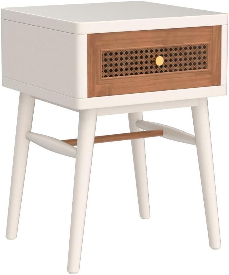COZAYH Fully-Assembled 1-Drawer Woven Cane Front Accent Nightstand with Brass Knobs for Living Room, Hand-Scratched Aging Finish, Bedroom, White