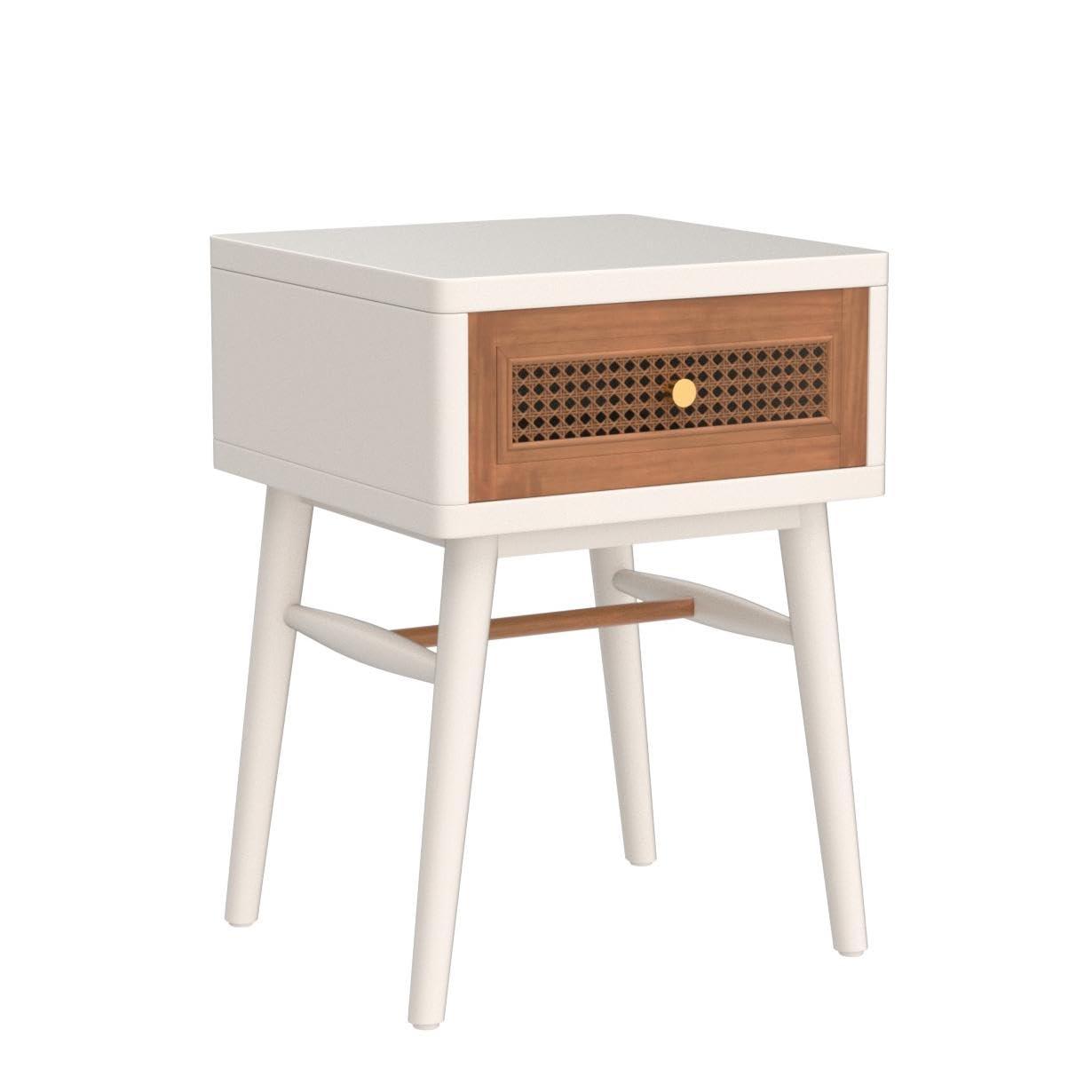 COZAYH Fully-Assembled 1-Drawer Woven Cane Front Accent Nightstand with Brass Knobs for Living Room, Hand-Scratched Aging Finish, Bedroom, White