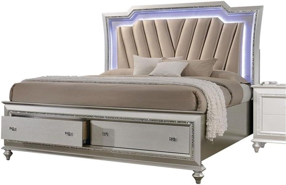 Queen Kaitlyn Bed with LED Headboard Faux Leather/Champagne - Acme Furniture: Glam Style, Storage Drawers, No Box Spring Needed