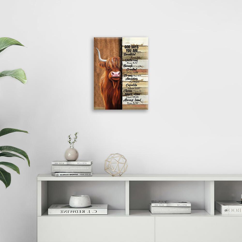 Farmhouse Highland Cow Decor Wall Art Farm Cow Inspirational Quotes God Says You are Pictures Wall Decor Canvas Painting Prints Artwork Decorations Framed for Bathroom Bedroom Kitchen 12"x16"