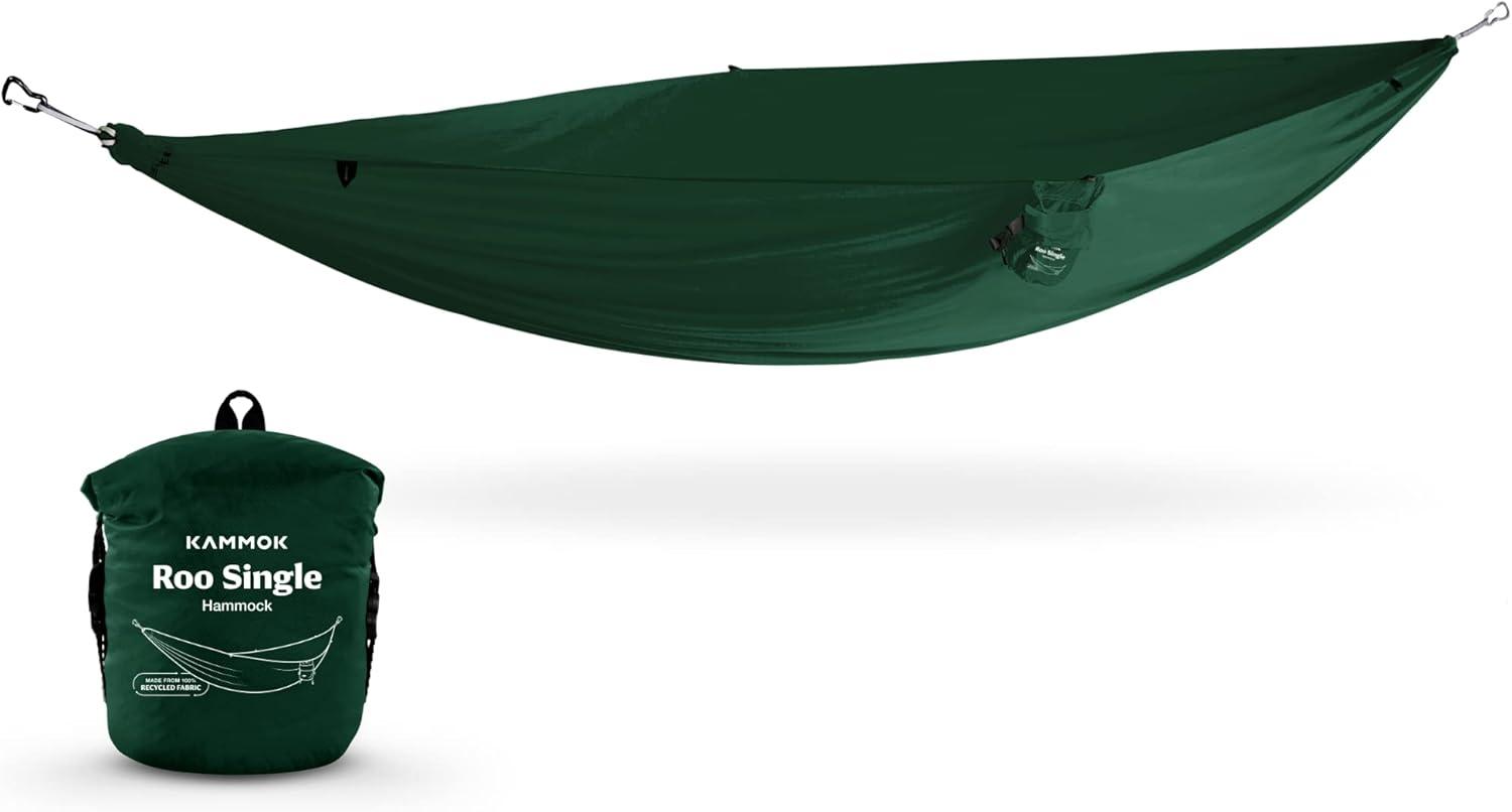 Kammok Roo Single Hammock with Stuff Sack | Waterproof Ripstop Nylon, Gear Loops | Lightweight for Camping and Backpacking, Pine Green