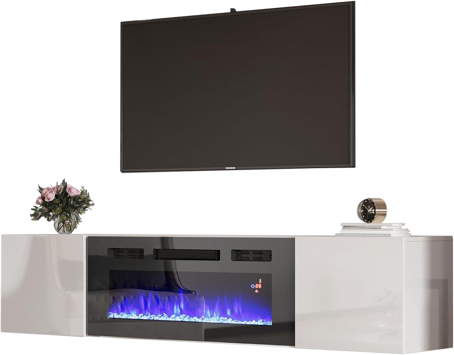 White Gloss Floating TV Stand with Electric Fireplace