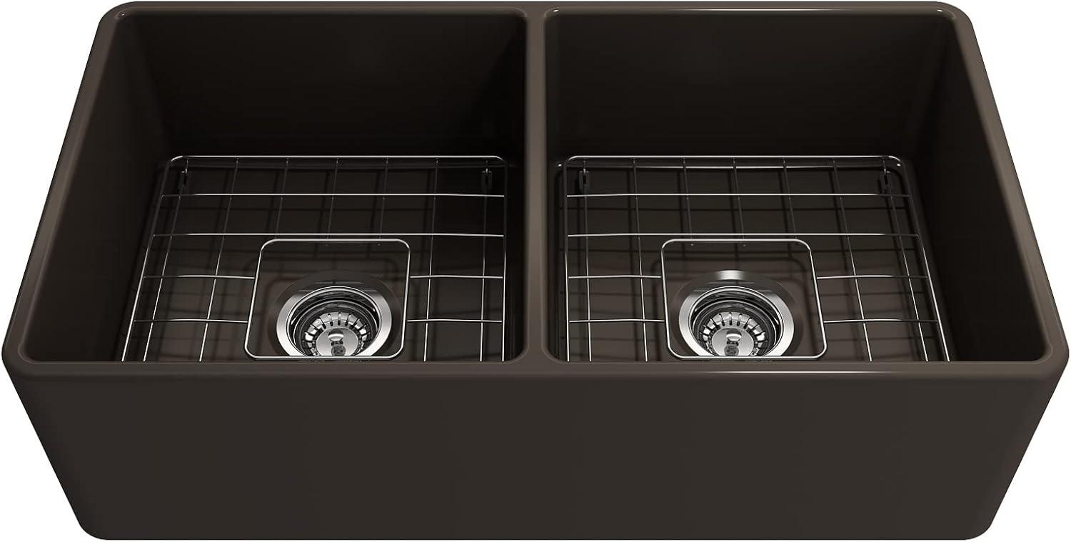 Matte Gray Fireclay Double Bowl Farmhouse Kitchen Sink