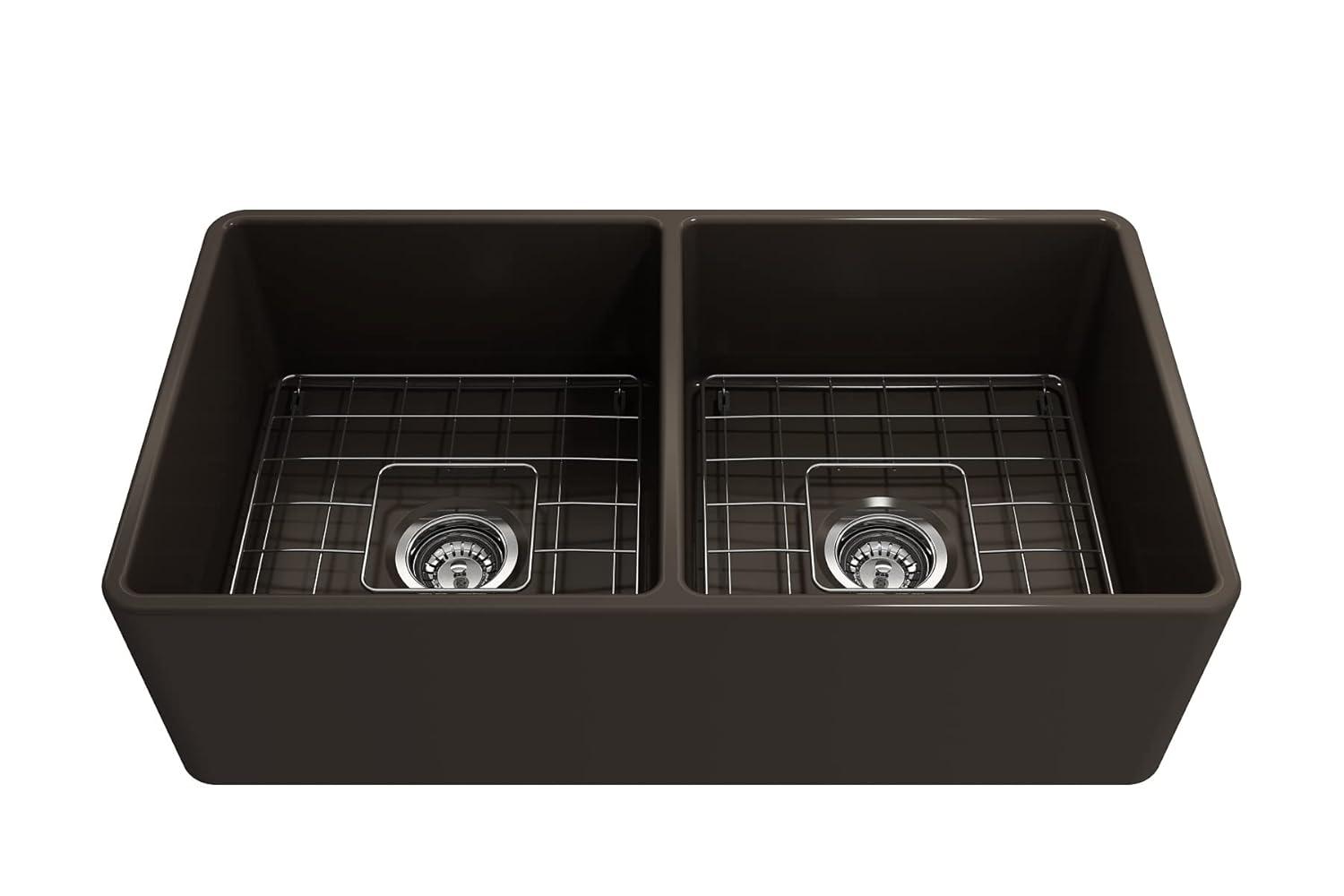 Matte Gray Fireclay Double Bowl Farmhouse Kitchen Sink