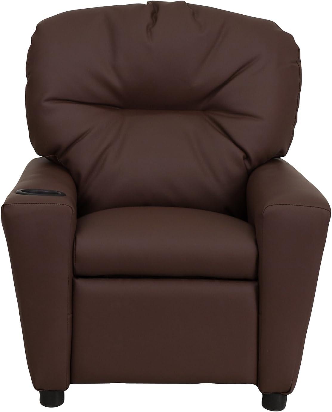 Cozy Brown LeatherSoft Kids Recliner with Built-in Cup Holder