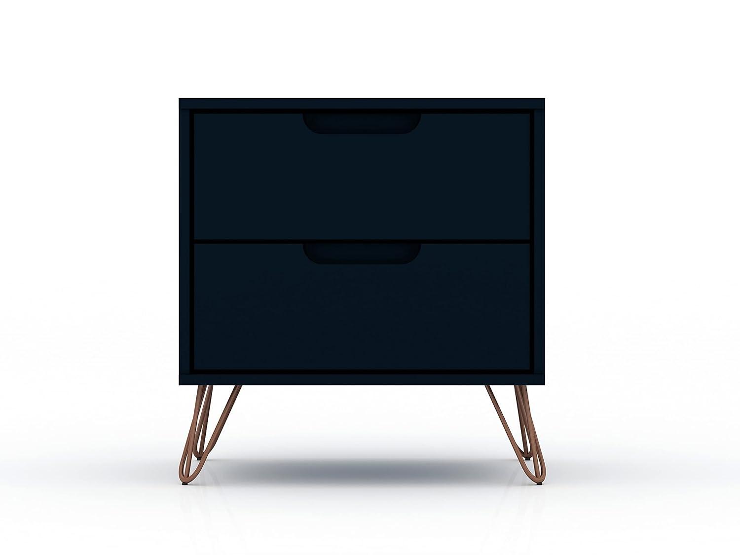Set of 2 Rockefeller 2 Drawer Nightstands Tatiana Midnight Blue - Manhattan Comfort: Modern Splayed Metal Legs, MDF