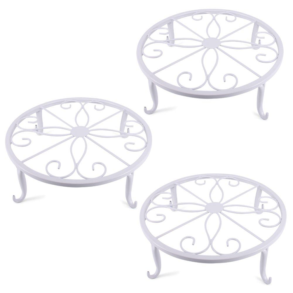 QISHENG Metal Plant Stand Wrought Iron Planter,Iron Art Flower Pot Supporting Stand Indoor Outdoor Garden Set of 3 (White)