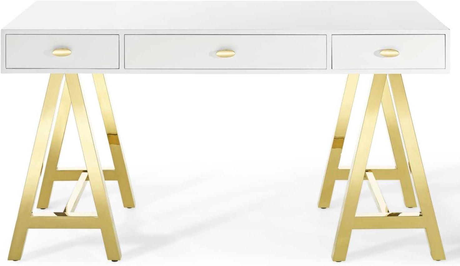 Sleek Gold & White Retro Modern Office Desk with Drawers