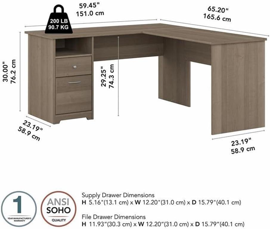 Espresso Oak L-Shaped Home Office Desk with Drawer and Filing Cabinet