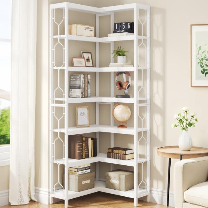Tribesigns 7-Tier L-Shaped Bookshelf, Wood Corner Etagere Bookcase, Freestanding Display Shelving Unit, White