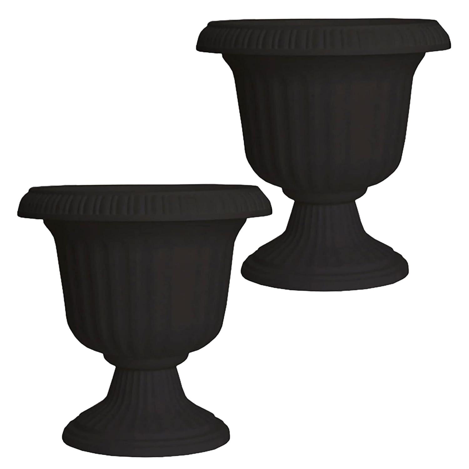 Southern Patio Large 14 Inch Outdoor Garden Lightweight Utopian Urn Planter with UV-Coated Finish for Entryways, Walkways, and More, Black (2 Pack)