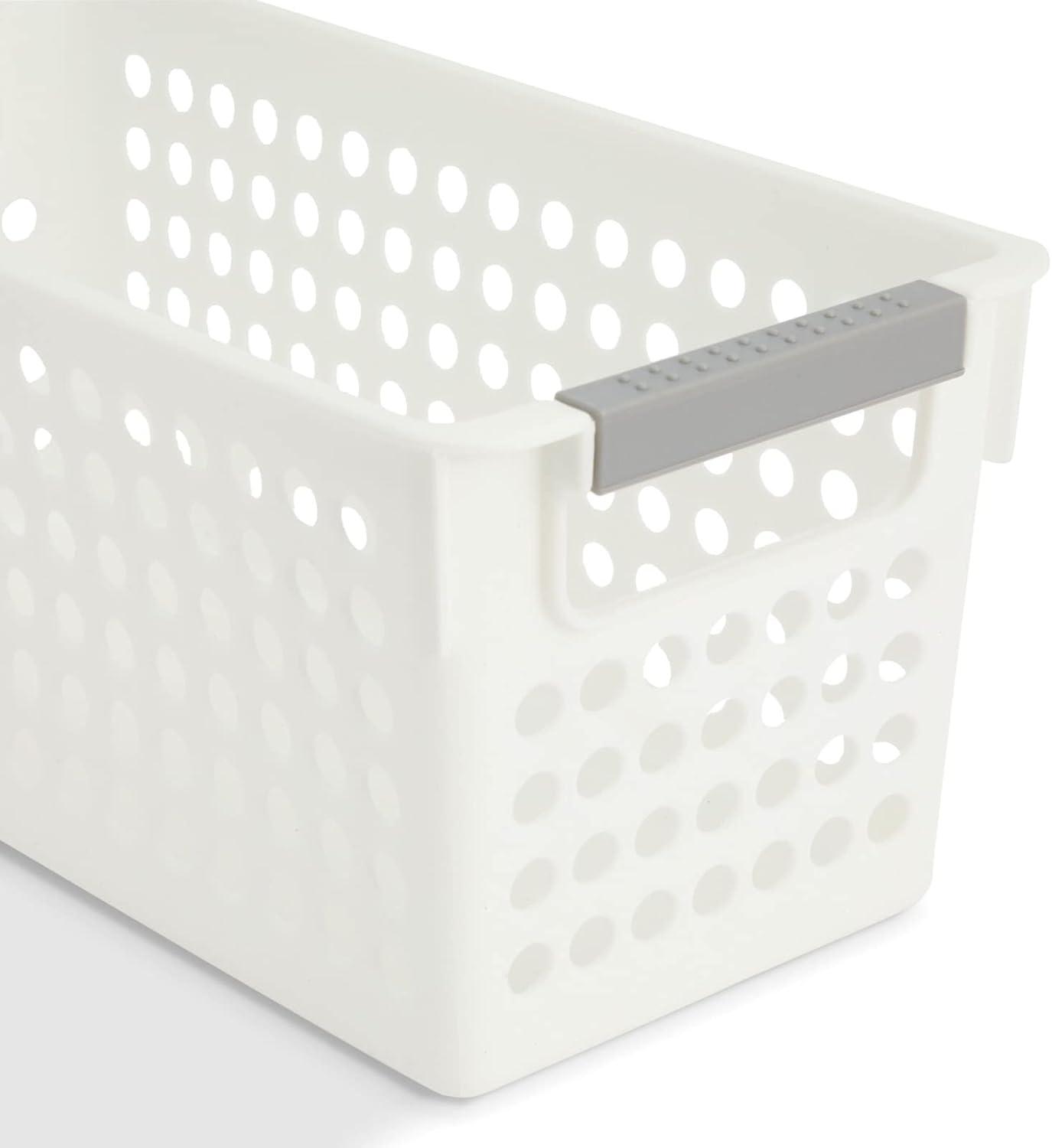 Set of 4 White Plastic Storage Baskets with Gray Handles