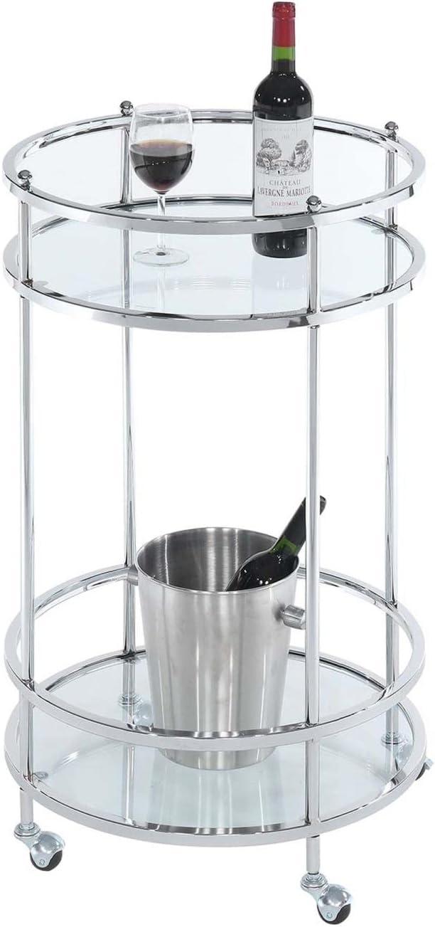 Royal Crest Bar Cart With Wheels in Clear Glass and Chrome Metal Frame