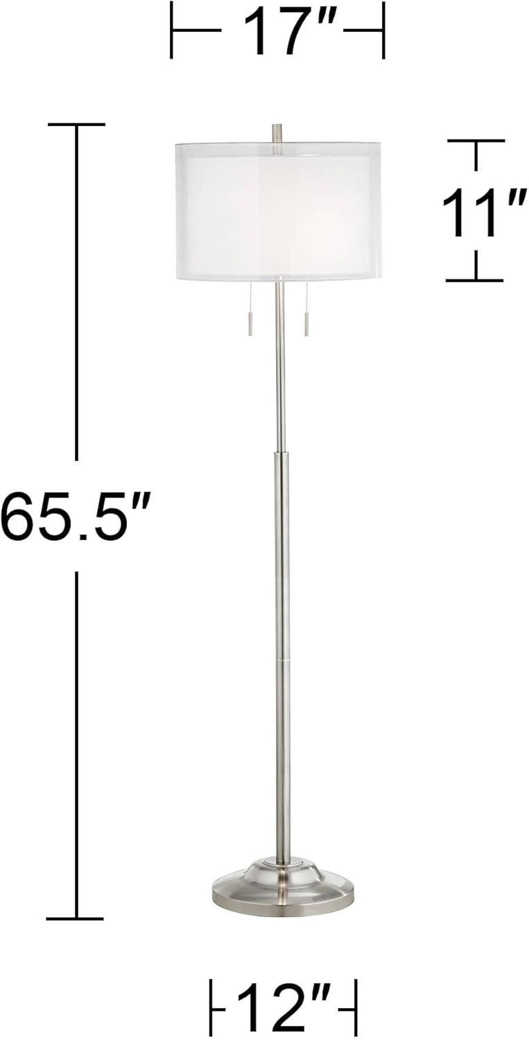 Possini Euro Design Roxie Modern Floor Lamp Standing 65 1/2" Tall Brushed Nickel Sheer Linen Double Drum Shade for Living Room Bedroom Office House