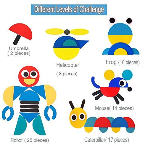 Tangram Shape Puzzle - Wooden Pattern Blocks Animal Jigsaw Color Sorting Stacking Game Preschool Montessori Learning Toys Brain Teaser STEM Gift for 3 4 5 Years Old Toddler Kid (60 Pattern Cards)