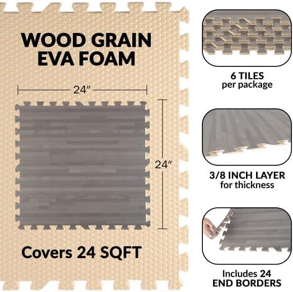 Stalwart EVA Foam Floor Tiles 6-Pack - 24 SQFT Woodgrain Puzzle Mats