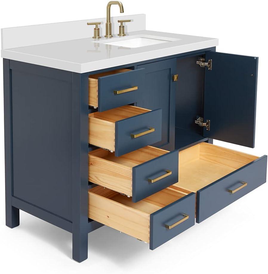 ARIEL Cambridge 43 Inch Midnight Blue Bathroom Vanity with Single Sink, Solid Wood, White Quartz Countertop, 1.5-Inch Edge, Right Rectangular Undermount Sink, 2 Soft Closing Doors, 5 Drawers