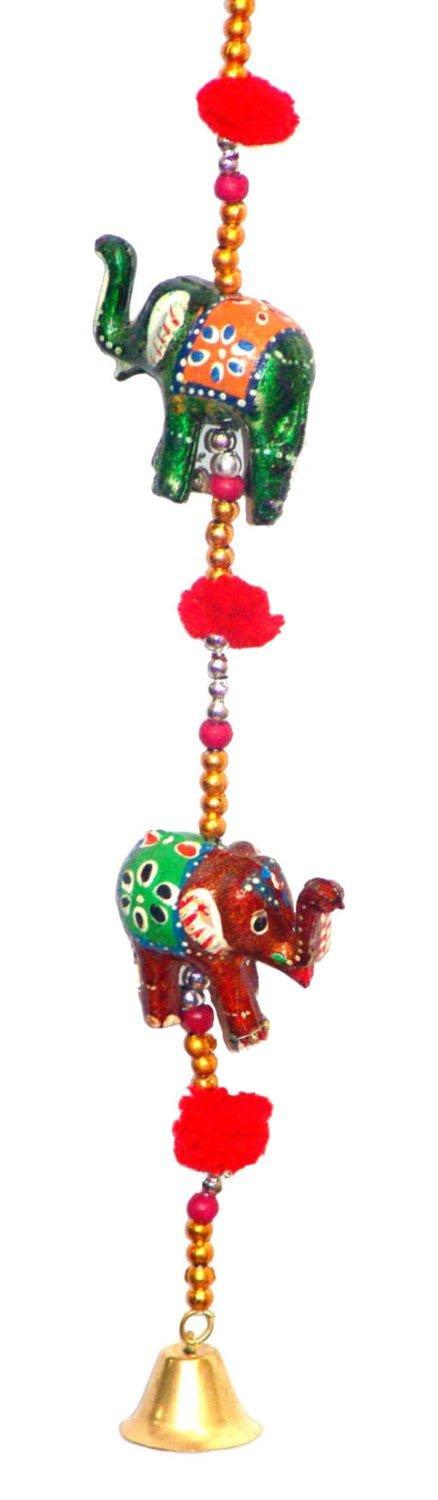 Rastogi Handicrafts Decorative Hanging Five Hand Painted Multi Color Resin Elephant with Beads and Brass Bell Size-76 cm