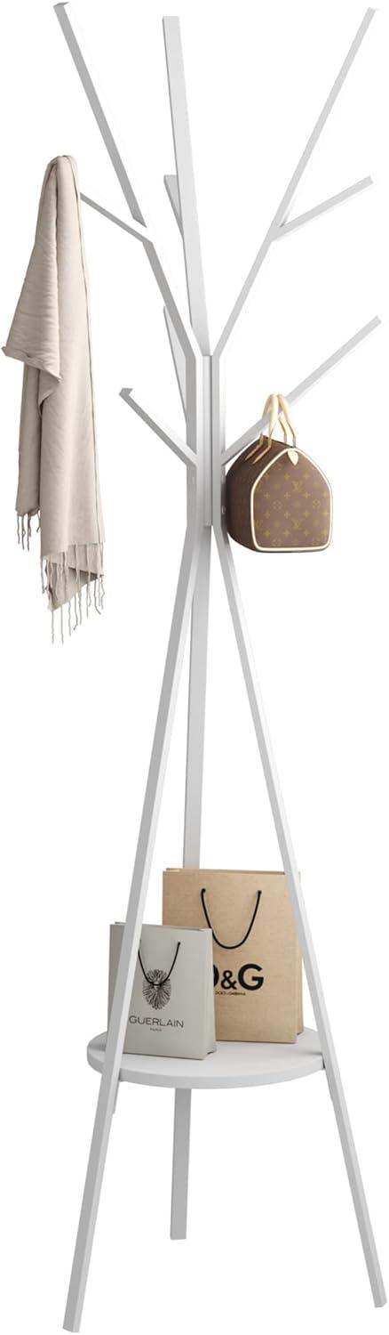 White Metal Freestanding Coat Rack with Shelf and 9 Hooks