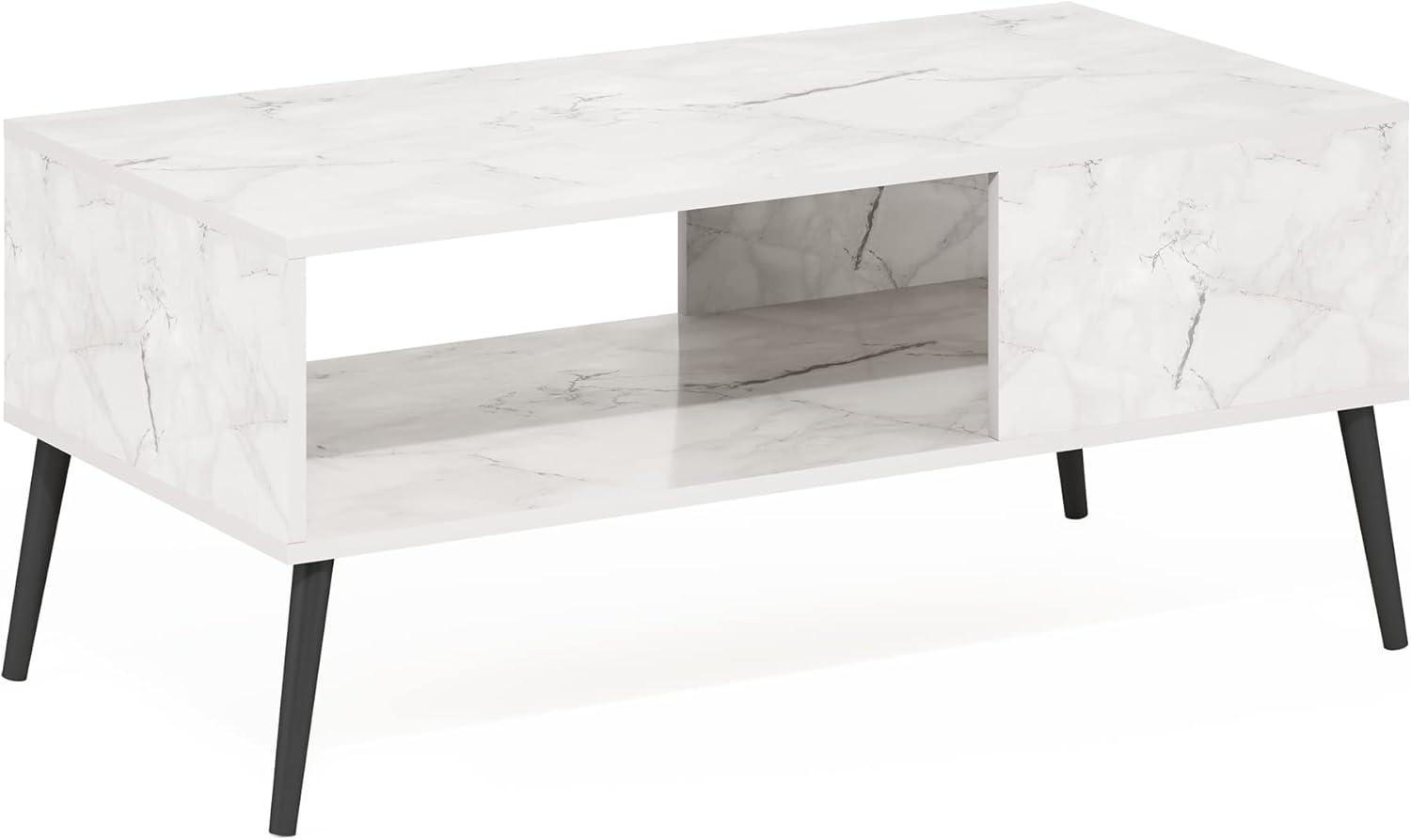 Mid-Century Marble White Rectangular Coffee Table with Wooden Legs