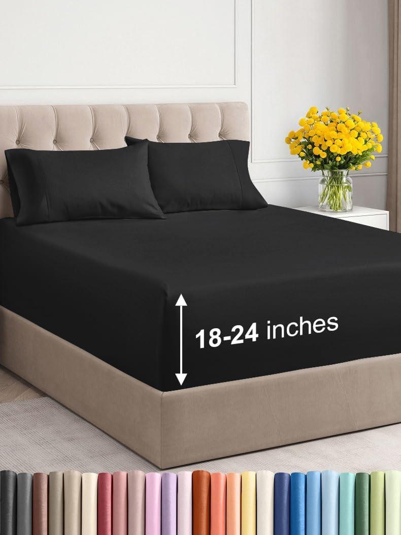 CGK Linens Extra Deep Pocket 4 Piece Sheet Set - Soft Bed Sheets, Fits 18"-24" Mattresses in Black, Size Full