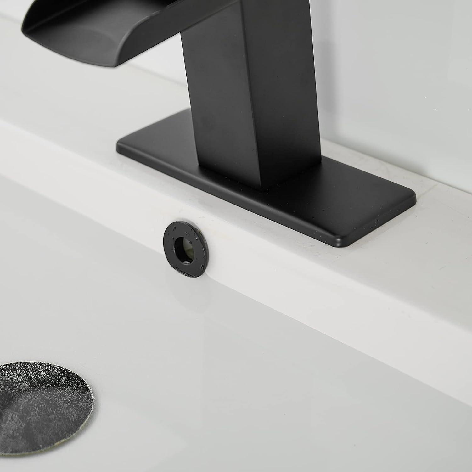 BWE Black Bathroom Faucet Waterfall Single Handle Bathroom Faucet One Hole Bathroom Sink Faucet with Supply Line Lavatory Vanity Mixer Tap Deck Mounted Matte Black