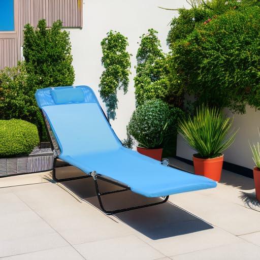 Outsunny Foldable Outdoor Chaise Lounge Chair, 5-Level Reclining Camping Tanning Chair with Breathable Mesh Fabric and Headrest, Pink