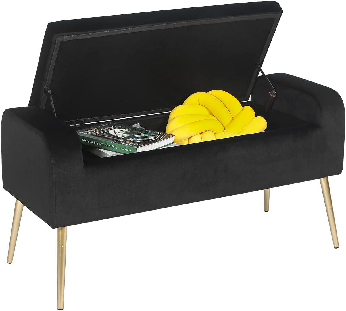 Large Black Velvet Tufted Ottoman with Gold Metal Legs