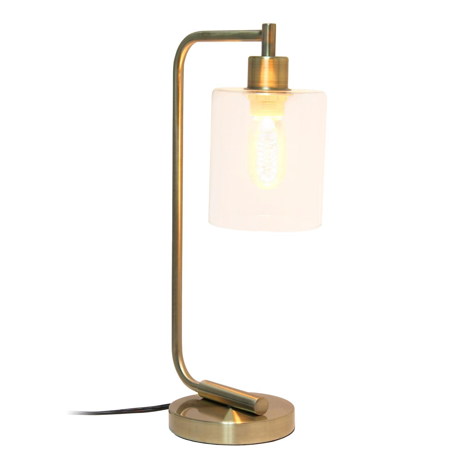 Simple Designs 18.8" Industrial Vintage Bronson Iron Desk Lamp with Glass Shade, Antique Brass
