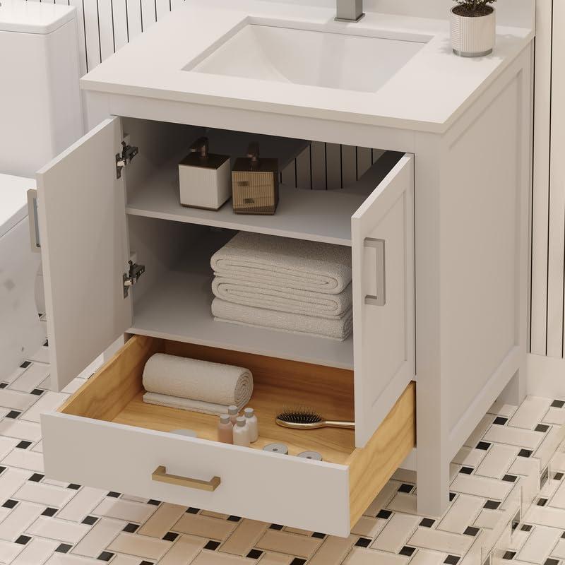 Ayna Decors Rooh 24 in White Bathroom Vanity Set with White Quartz Countertop | Ceramic Sink | 2 Soft Closing Doors | 1 Full Extention Soft Close Drawer | Brushed Nickel Hardware | AVR24WH3002